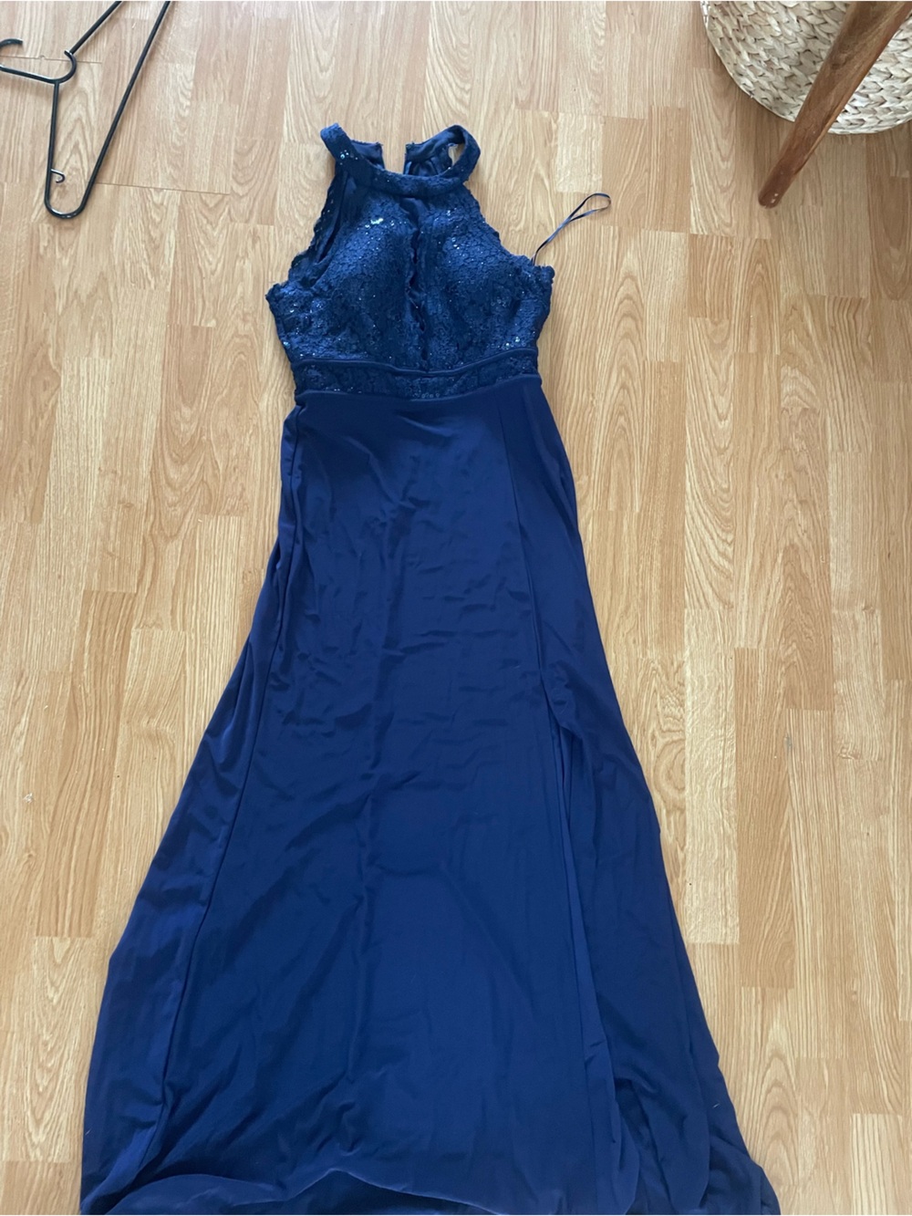 Morgan & Co. Deep Blue Lace Bodice Evening Gown